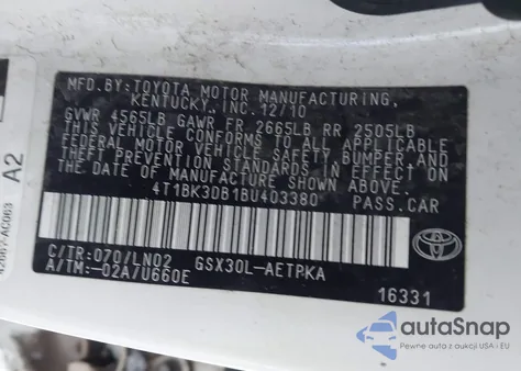 2011 Toyota Avalon Limited из США, поврежденный, VIN 4T1BK3DB1BU403380